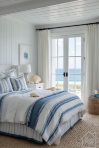 A tranquil coastal bedroom with white and blue striped bedding, a woven jute rug, beadboard walls, and French doors opening to an ocean view.