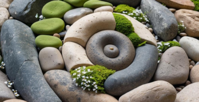 A backyard swirl rock garden featuring smooth stones in a spiral design, accented by moss and greenery.