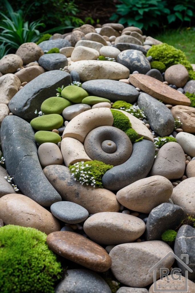 A backyard swirl rock garden featuring smooth stones in a spiral design, accented by moss and greenery.