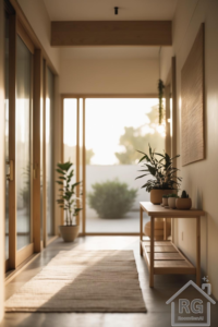 A warm Japandi-inspired hallway featuring a natural wood console table, woven wall art, neutral runner rug, and potted plants.