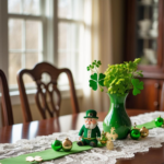 A dining room table decorated for St. Patrick's day.