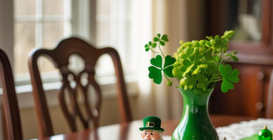 A dining room table decorated for St. Patrick's day.