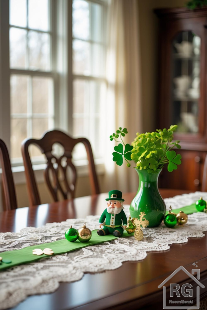 A dining room table decorated for St. Patrick's day.