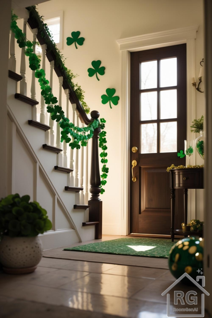 A home entryway decorated for St. Patrick's Day.