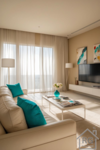 A bright, modern living room featuring neutral tones, teal accents, and sheer curtains for a fresh and inviting atmosphere.
