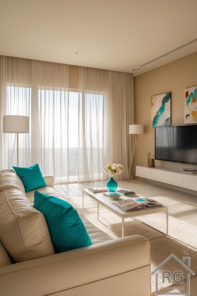 A bright, modern living room featuring neutral tones, teal accents, and sheer curtains for a fresh and inviting atmosphere.