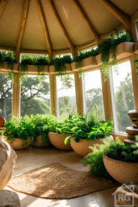 Spacious Earthship-style sunroom filled with lush green plants in curved planters under a dome-like wooden roof.