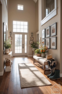 Bright, high-ceiling entryway with wood floors, a bench decorated with flowers, and framed pictures along the wall.