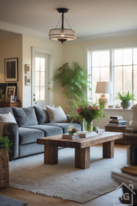 Sunlit suburban living room with a gray sofa, rustic wood coffee table, plush rug, and fresh greenery near a large window.