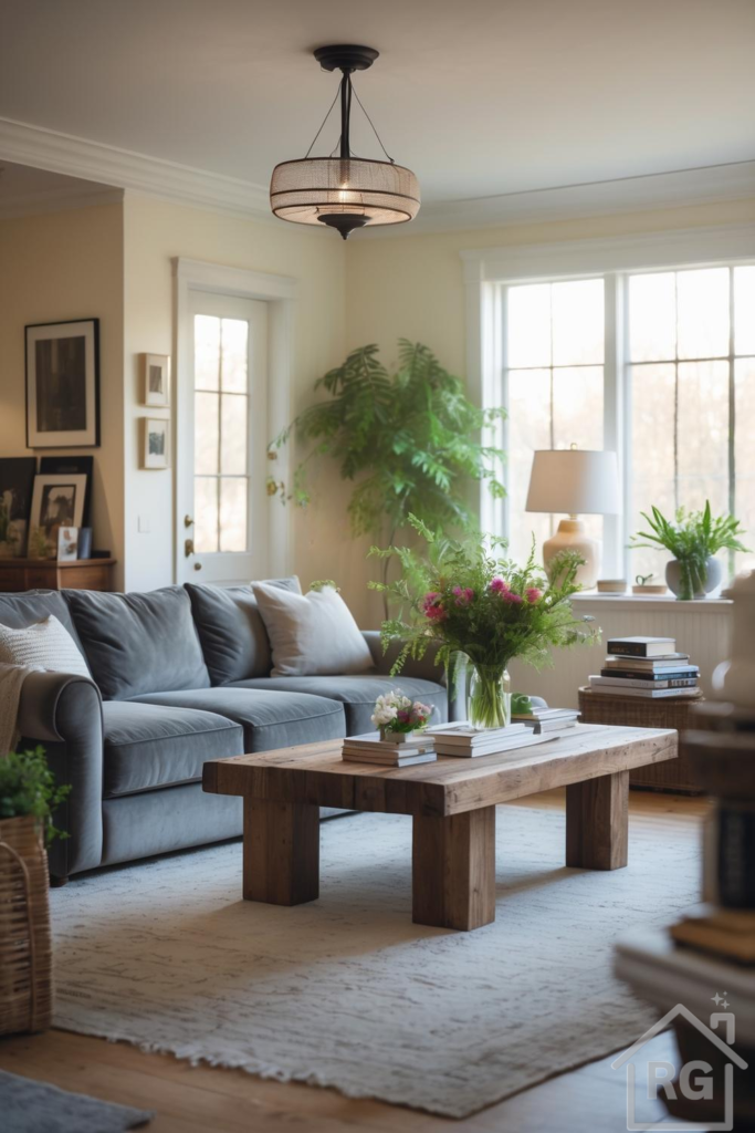 Sunlit suburban living room with a gray sofa, rustic wood coffee table, plush rug, and fresh greenery near a large window.