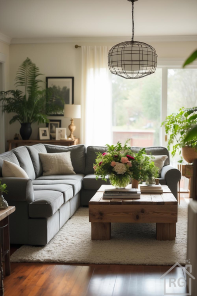 A warmly lit cozy suburban living room with a gray sectional sofa, wooden coffee table, plush rug, and large windows letting in natural light.