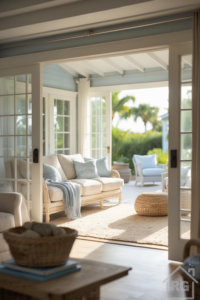A breezy coastal living room with light wicker furniture, pastel blue accents, and large sliding doors opening to a sunlit patio.