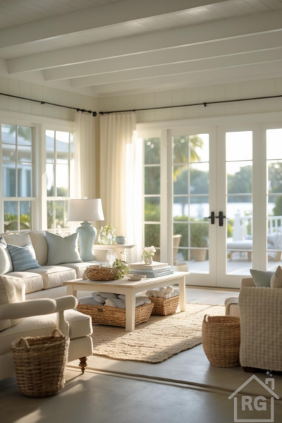 A warmly lit coastal living room with a neutral linen sofa, woven jute rug, wooden coffee table, wicker baskets, and French doors opening to a sunny patio.