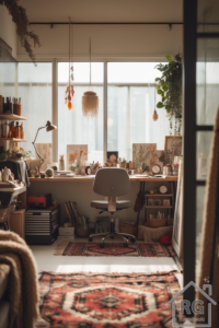 A boho-inspired creative studio room with natural textures, warm lighting, and personalized decor.