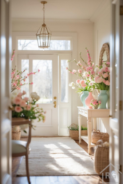 A bright spring entryway with a wood console table, ceramic vases filled with pink and white flowers, woven baskets, and a brass lantern hanging from the ceiling.