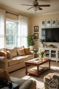 Bright suburban living room with cream sofa, wooden coffee table, peach flowers in glass vase, and large window letting in sunlight.