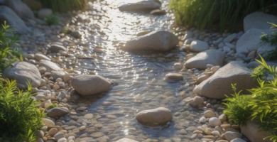 A tranquil backyard dry creek bed featuring smooth stones, flowing water-like design, and lush surrounding greenery.
