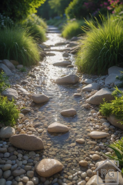 A tranquil backyard dry creek bed featuring smooth stones, flowing water-like design, and lush surrounding greenery.