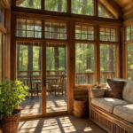 A rustic cabin sunroom with large windows, warm wooden walls, and comfortable wicker seating.