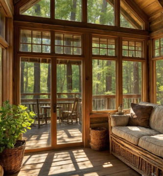 A rustic cabin sunroom with large windows, warm wooden walls, and comfortable wicker seating.