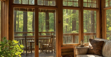 A rustic cabin sunroom with large windows, warm wooden walls, and comfortable wicker seating.