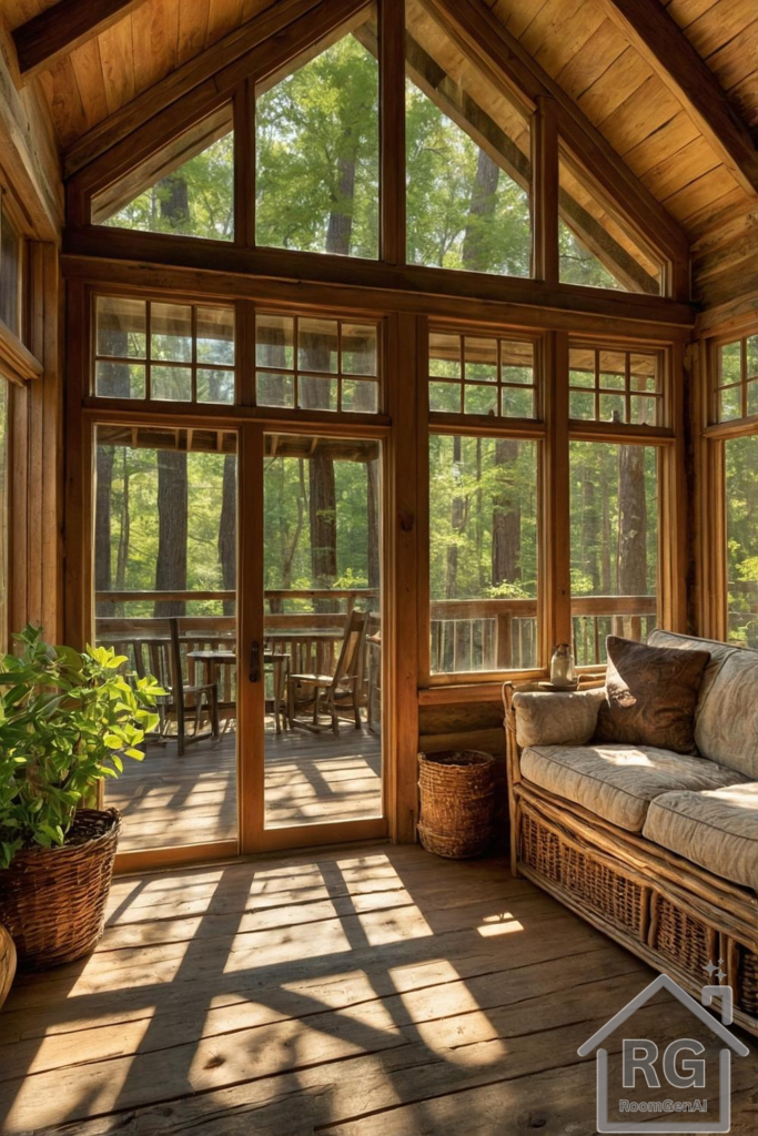 A rustic cabin sunroom with large windows, warm wooden walls, and comfortable wicker seating.