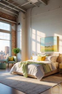 An airy loft bedroom with exposed brick walls, tall windows, and soft pastel accents, featuring a cozy bed and seating area.