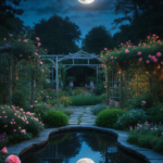 A nighttime garden scene with a full moon reflecting in a tranquil pond, surrounded by blooming pink roses.