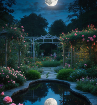 A nighttime garden scene with a full moon reflecting in a tranquil pond, surrounded by blooming pink roses.