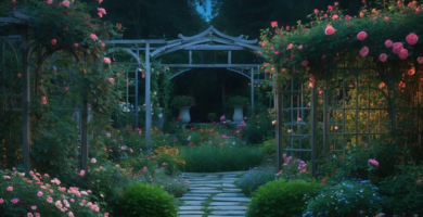 A nighttime garden scene with a full moon reflecting in a tranquil pond, surrounded by blooming pink roses.