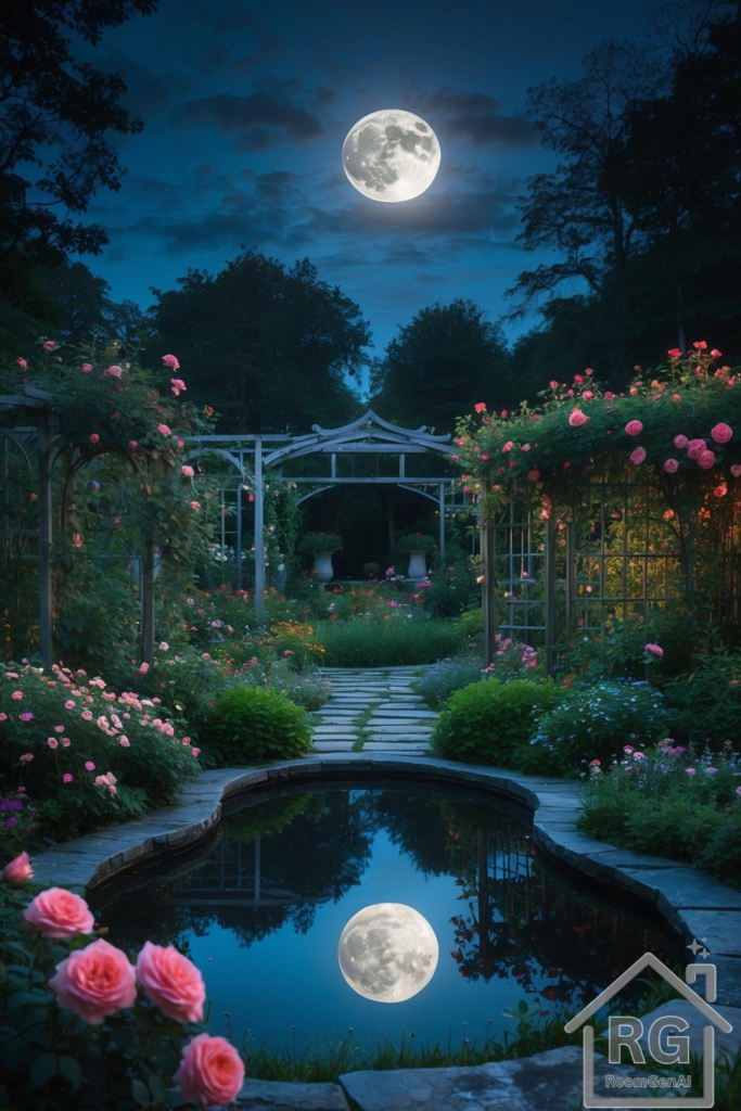 A nighttime garden scene with a full moon reflecting in a tranquil pond, surrounded by blooming pink roses.