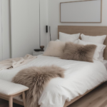 A minimalist Viking-chic bedroom featuring neutral tones, plush textures, and a clean-lined wooden bed.