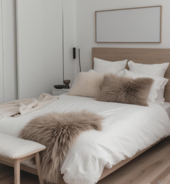 A minimalist Viking-chic bedroom featuring neutral tones, plush textures, and a clean-lined wooden bed.