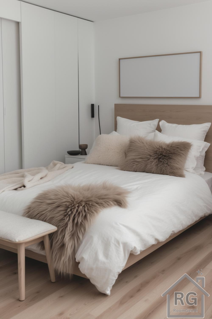 A minimalist Viking-chic bedroom featuring neutral tones, plush textures, and a clean-lined wooden bed.