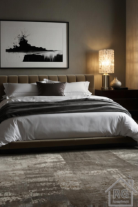 A sleek minimalist bedroom with a neutral palette, streamlined furniture, and a statement art piece above the bed.