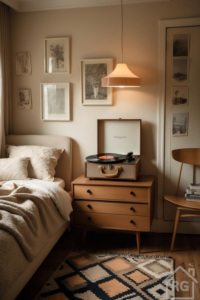 A warmly styled Scandinavian bedroom featuring a record player on a wooden nightstand, soft neutral tones, and cozy textiles.