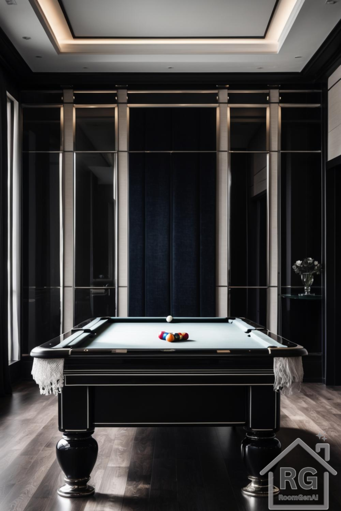 A modern billiards room with dark walls, a sleek pool table, and sophisticated lighting.