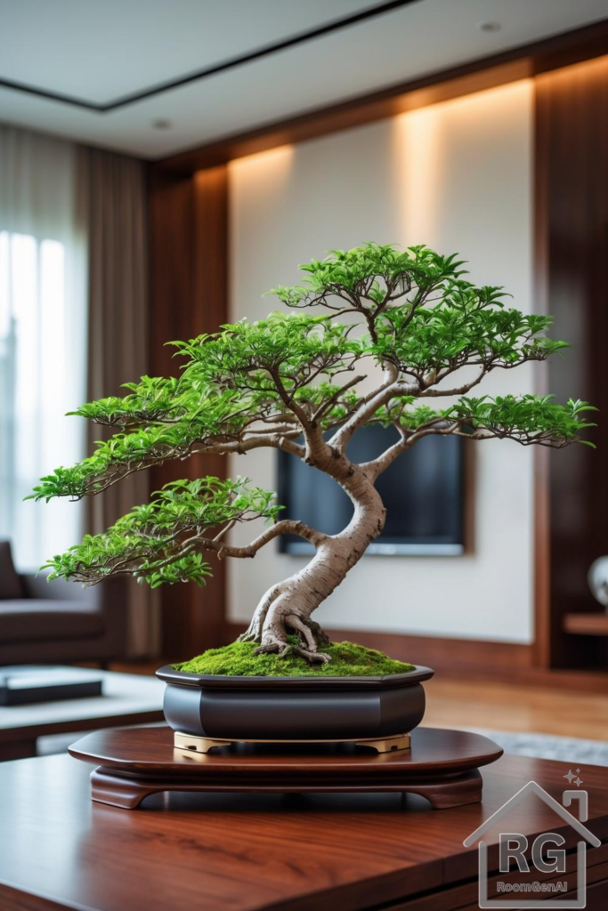 A modern living room featuring a centerpiece bonsai tree on a low round table, surrounded by sleek furniture.