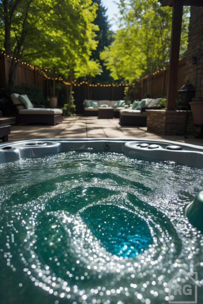 Outdoor hot tub in a sunlit backyard patio with bubbling water, wicker seating, string lights, and lush green trees.