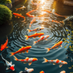 A tranquil backyard koi pond with vibrant fish, surrounded by lush greenery and a serene water setting.