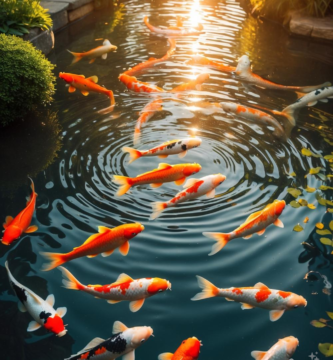 A tranquil backyard koi pond with vibrant fish, surrounded by lush greenery and a serene water setting.