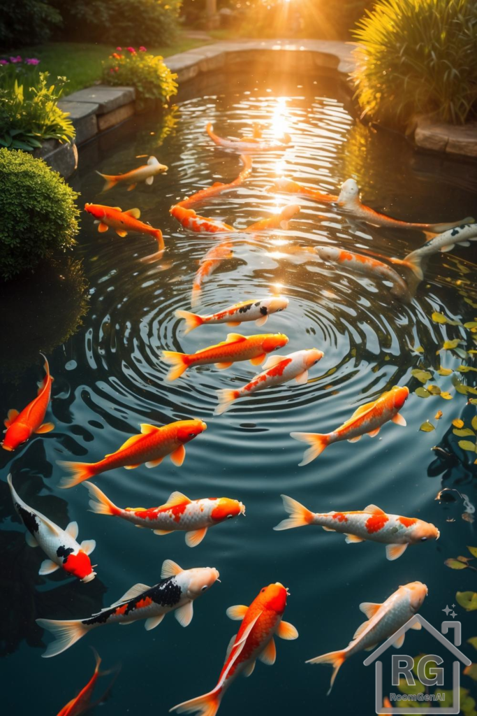 A tranquil backyard koi pond with vibrant fish, surrounded by lush greenery and a serene water setting.