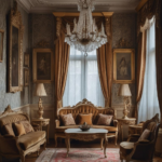 An opulent European parlor with ornate molding, gilded furnishings, and a vintage chandelier.