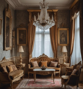 An opulent European parlor with ornate molding, gilded furnishings, and a vintage chandelier.