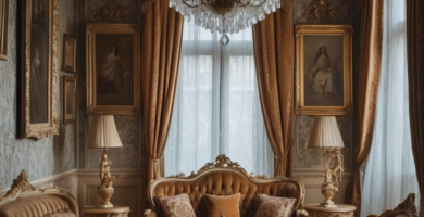 An opulent European parlor with ornate molding, gilded furnishings, and a vintage chandelier.