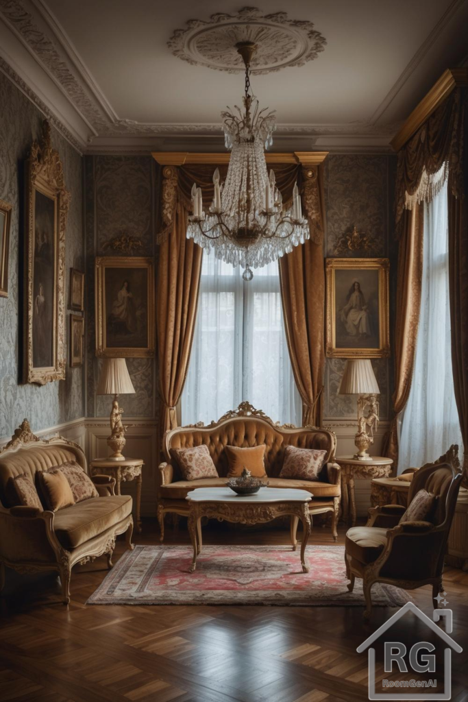 An opulent European parlor with ornate molding, gilded furnishings, and a vintage chandelier.