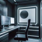 A futuristic cyberpunk-inspired office with neon LED lighting and dark minimalist decor.