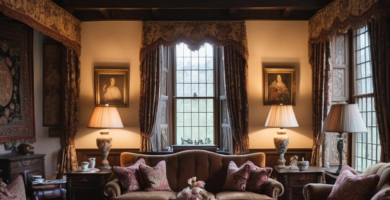 A Tudor-style living room with vaulted beams, rich wood details, and warm, earthy upholstery.