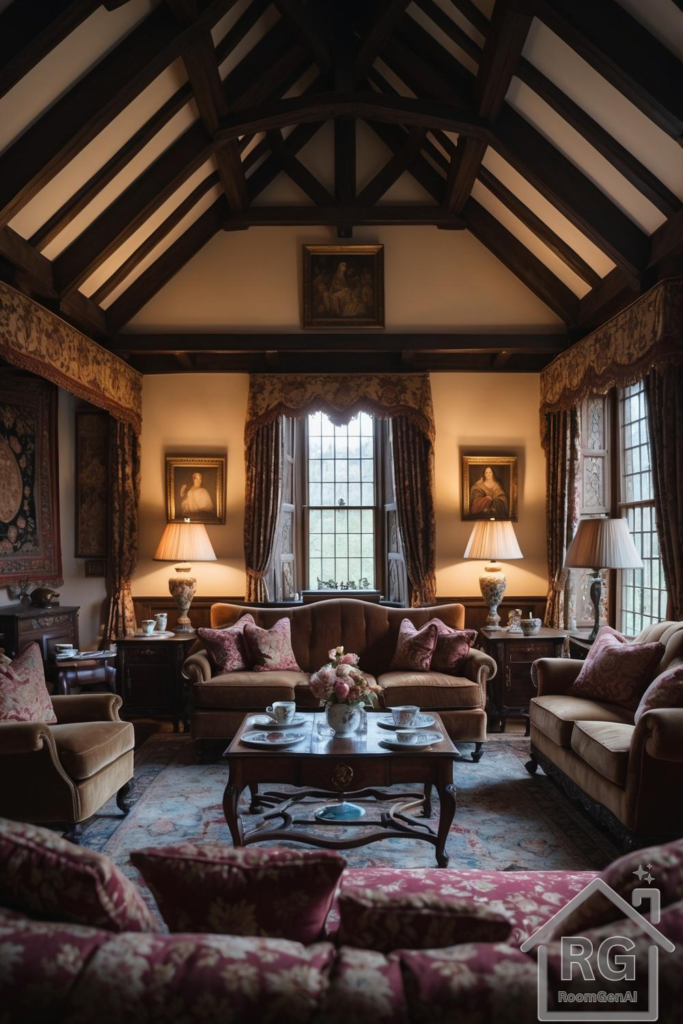 A Tudor-style living room with vaulted beams, rich wood details, and warm, earthy upholstery.