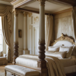 A Greek Revival bedroom featuring a grand four-poster bed, ornate columns, and luxurious cream-and-gold decor.